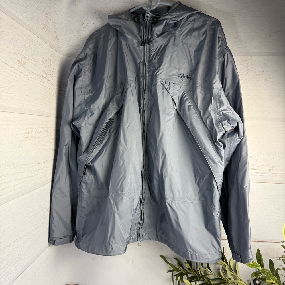 Cabela's Jacket Slate Blue Hood Zip Drawcord Pockets Lined Packable Sz M Regular